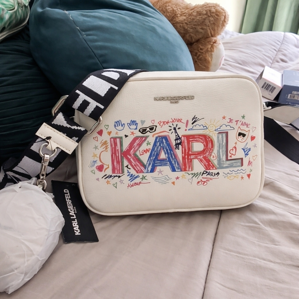 Karl Lagerfeld Paris Graffiti “KARL Crossbody Bag NWT White Pebbled Leather - Picture 4 of 4